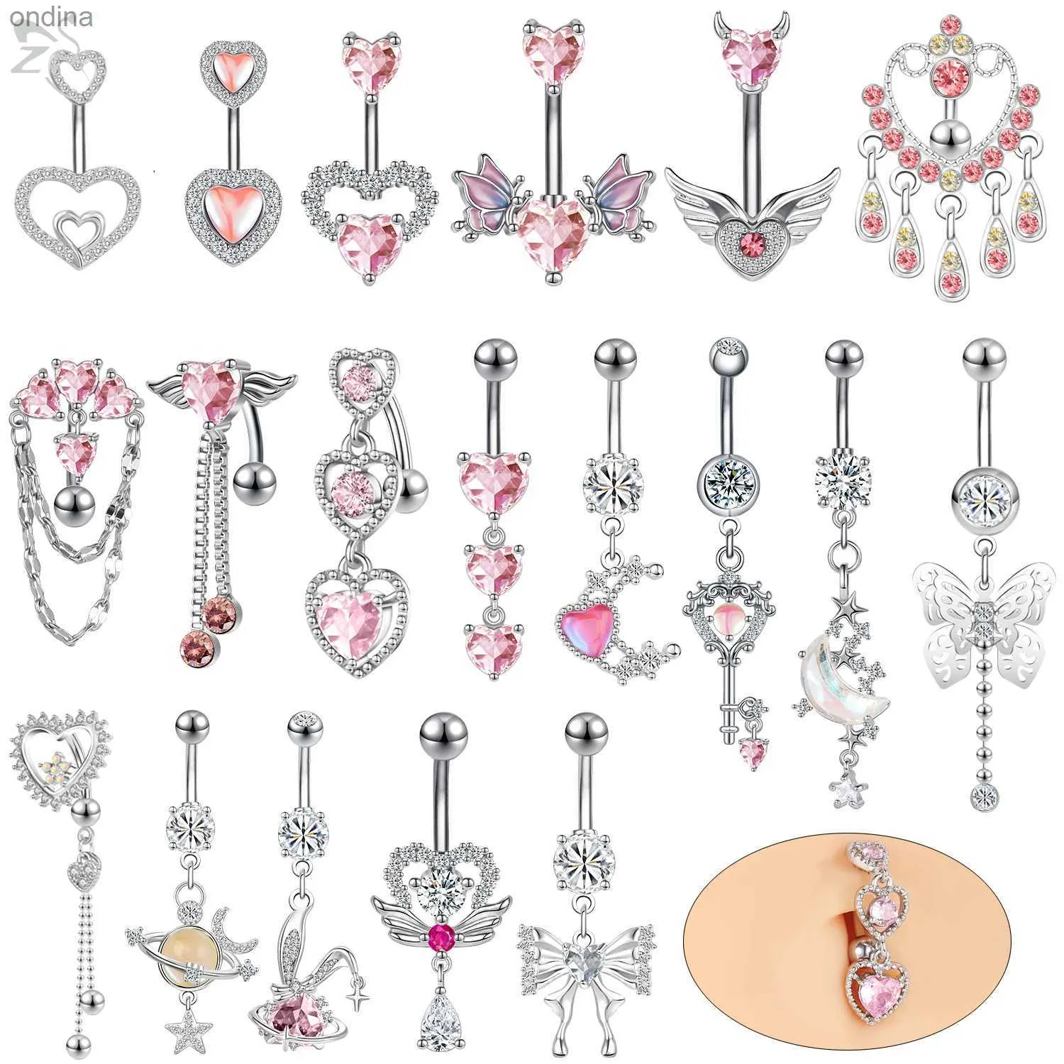Navel Bell Button Rings ZS 1PC 14G Pink Crystal Pendant Belly Button Ring For Women Stainless Steel Navel Piercings Moon Heart Butterfly Belly Ring YQ240125