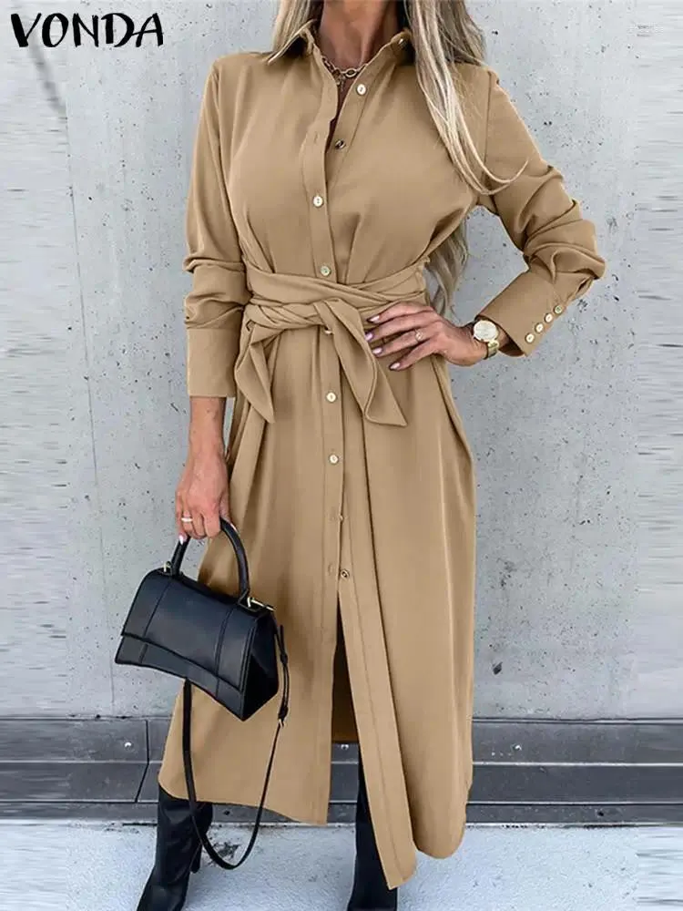 Casual Dresses Vonda Women Shirt Dress Autumn Long Sleeve Belted Elegant Party Sundress 2024 Lapel Solid Loose Vestido Robe Femme