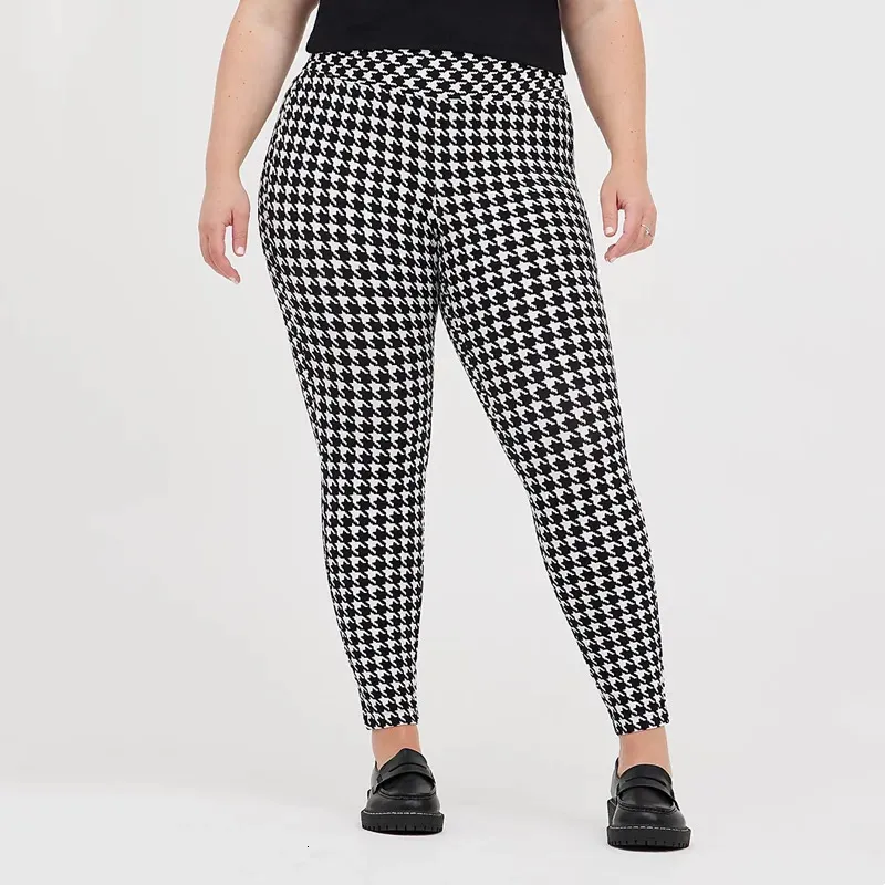 Plus Size Houndstooth Print Summer Spring Legging High Elastic midja Skinny Pencil Pants Female Large 7XL 8XL 240119