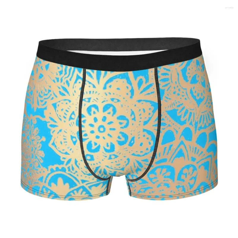 Underpants Light Blue And Gold Mandala Pattern Man's Boxer Briefs Bohemian Highly Breathable Underwear High Quality Print Shorts Gift Idea