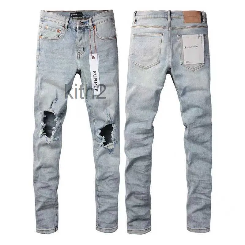 Moda Mens Rasgar Comércio Exterior Light Blue Jeans Costura Homens Design Motocicleta Legal Calças Slim Roxo para Mulheres Rock Revival Letter Pant 479E