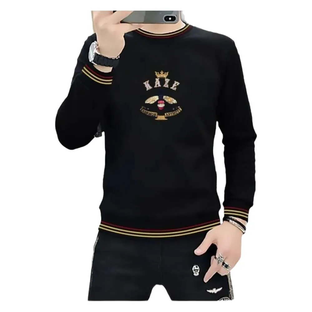 2021 Autumn and Winter New Long Sleeve Spot Cotton Casual Thin Round Neck Sweater Youth Brodery Sequin Men's Fashion