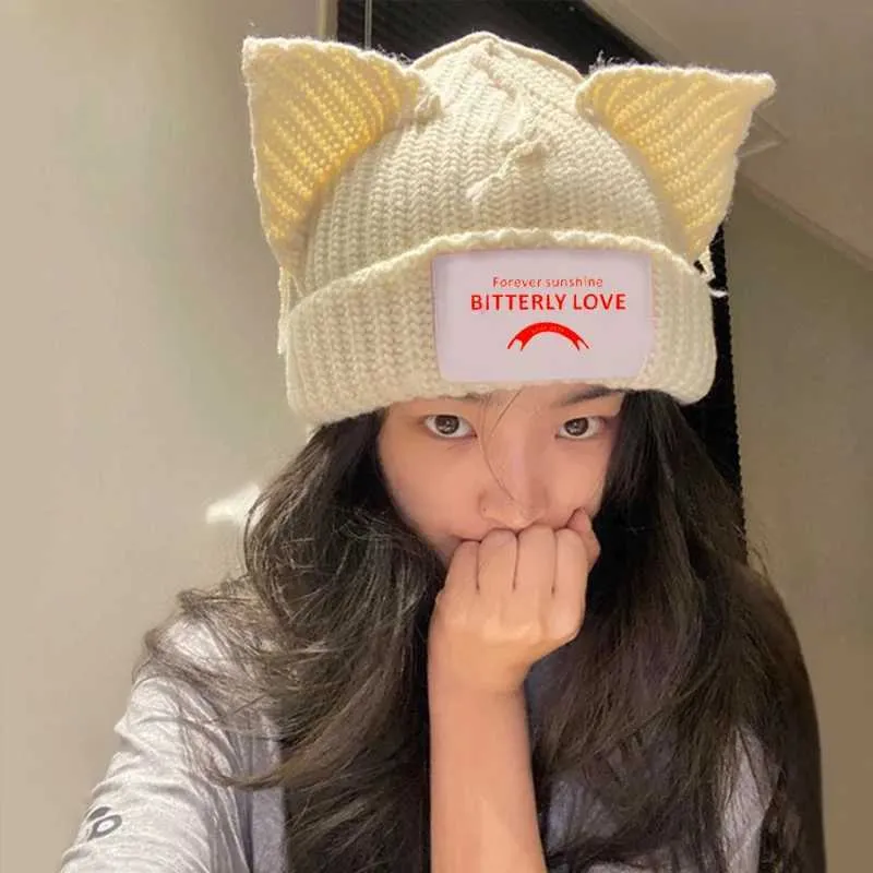 Beanie/Skull Caps 2022 New Cute Cat Ears Knitted Wool Hat Unisex Personality Beanies Cap Men Women Cute Warm Winter Tide Bonnet Pullover Hats 240125