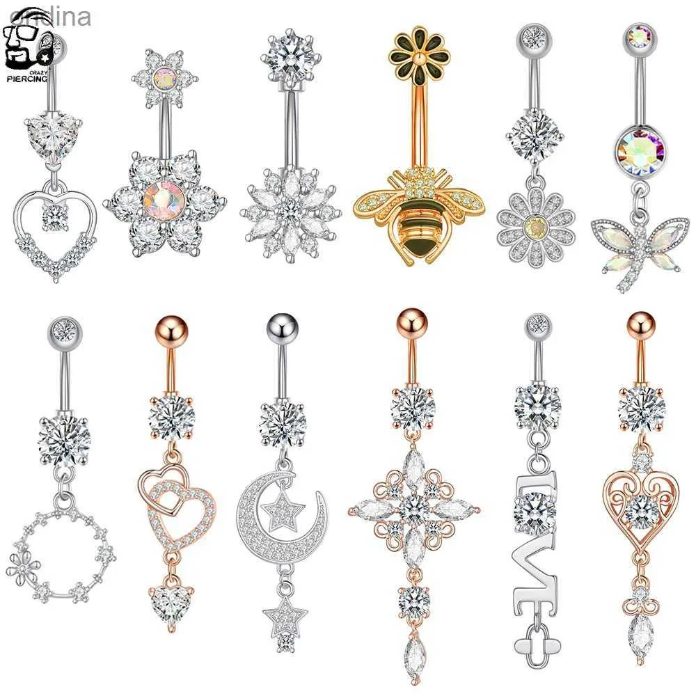 Navel Bell Button Rings Dainsty Dangled Belly Button Rings Surgical Steel 14G Bar Navel Piercing Ring Crystal CZ Bee Flower Heart Belly Ring Ear Jewelry YQ240125