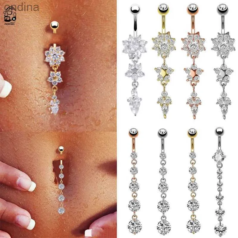 Navel Bell Button Rings 1pc Ny Zircon Fashion Surgical Steel Navel Piercing Flower Pendant Belly Button Rings Belly Piercing Body Jewelry Sexy Dangle YQ240125