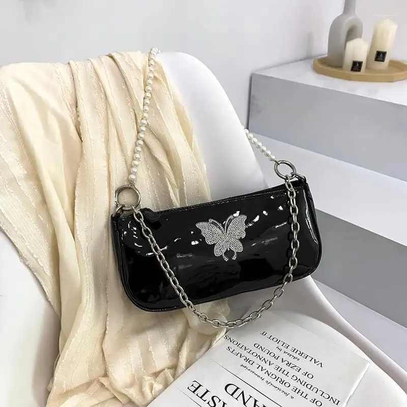 Evening Bags Y2K Motorcycle Style Cool Shoulder Bag 2024 Butterfly Pearl Chain Black Girls Underarm Cell Phone Metal Handbags