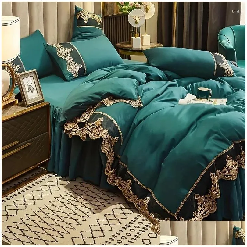 Bettwäsche-Sets 4-teiliges Bettbezug-Set grün mit Reißverschluss-Krawatten, weicher, bequemer Bettrock für Schlafzimmer, Gästezimmer, Drop-Lieferung Dh1AZ