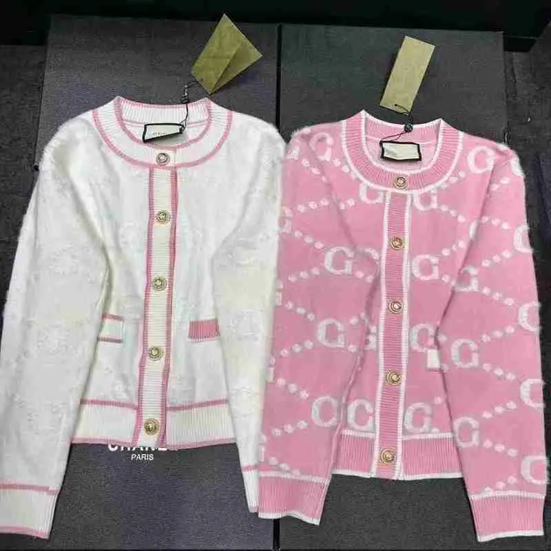 Luxuoso designer feminino suéteres cardigan rosa branco botão acima camisa clássica carta impressão moda regular casual manga longa jaqueta de malha vestir ocg9