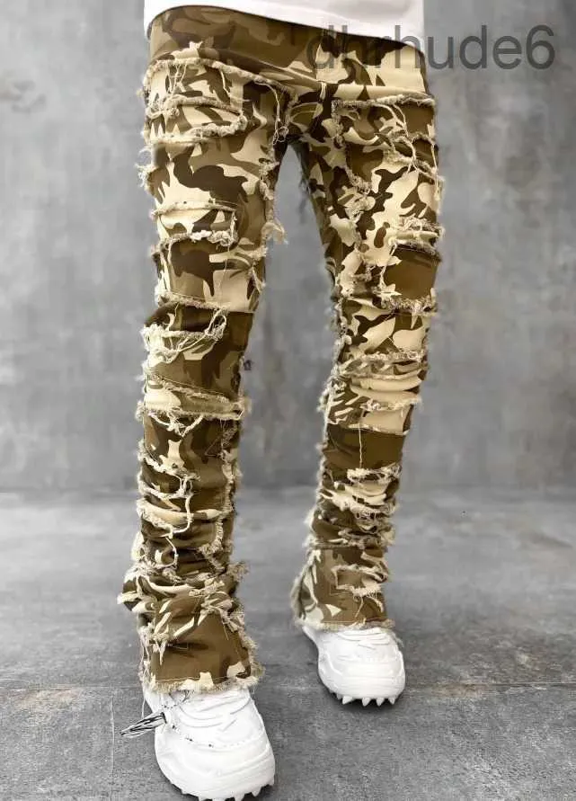 Män s jeans europeiska camo byxor high street smal fit stretch lappa rippad man staplad 231031 1xte