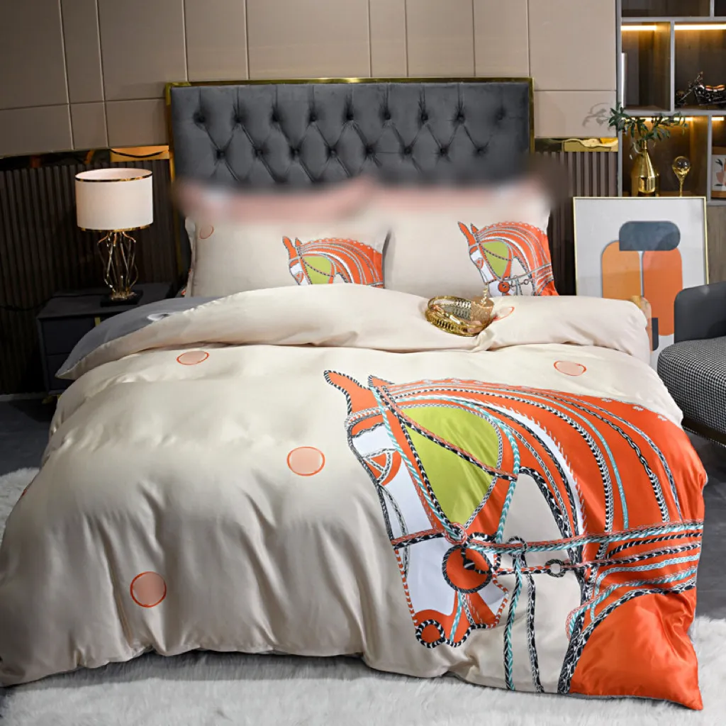 Luxuriöse Designer-Bettwäsche-Sets mit Pferdemuster, Queen-Size-Bett, King-Size-H, Bettbezug, Steppdecke, Schlafzimmer, Designer-Bettlaken, Kissenbezüge, orange Bettdecken-Set, Bezüge, 4-tlg