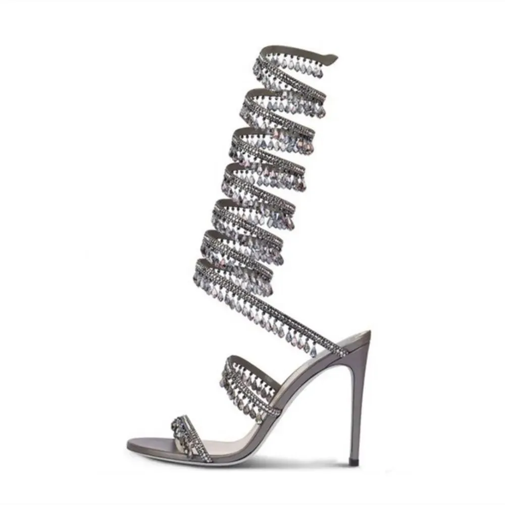 2024 Rene Caovilla Crystal Crystal Chandelier Sandaler Wraparound över knähög hög stilett klackar sandal kvällskor kvinnor högt klackade lyxdesigners sko