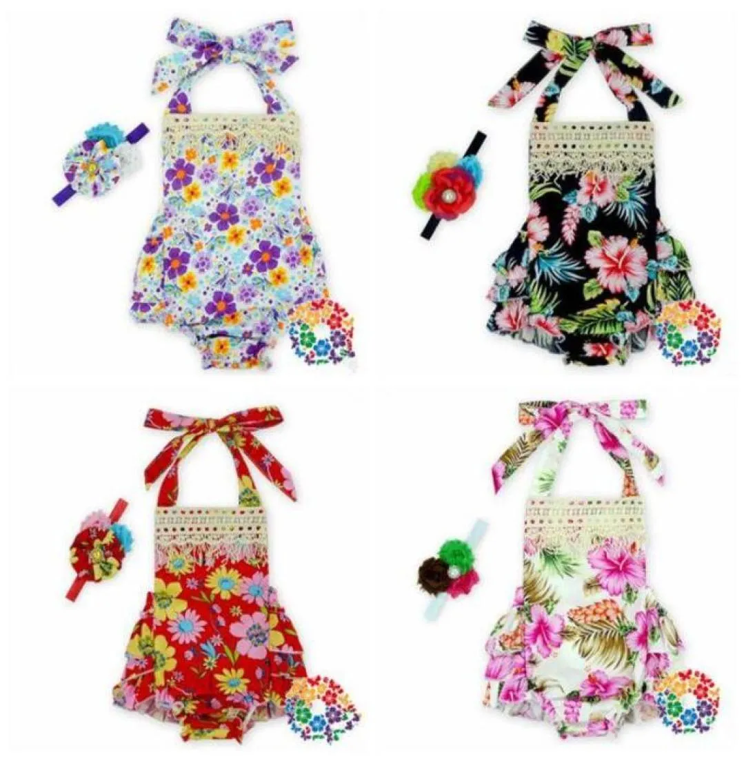 Baby Girls Clothing Set backless Floral Ruffles Rompers klänning ärmlös Romper pannband Jumpsuit Toddler Outfit PlaySuit för GIR8307400