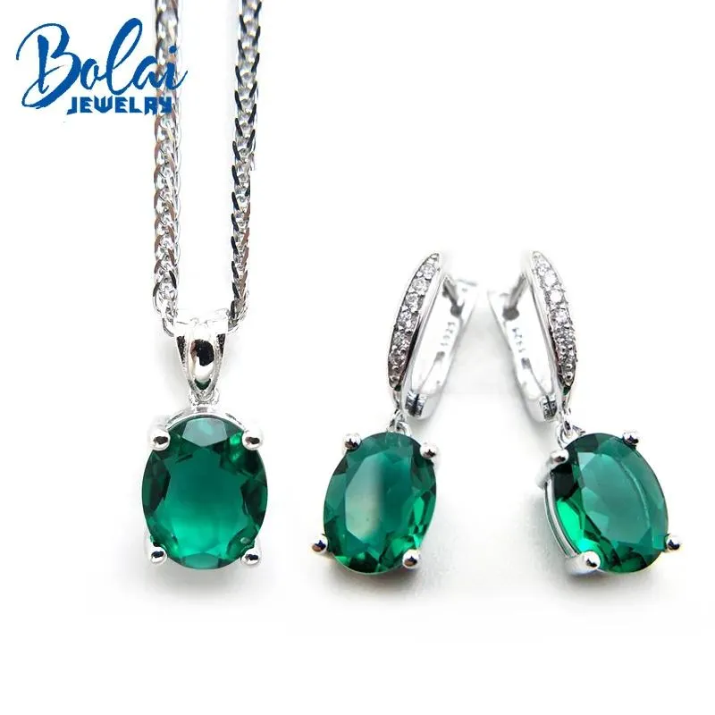 Set Bolai Delicate Nano Emerald Jewelry Set i äkta 925 Sterling Silver Pendant Halsband Dangle örhängen Grön ädelsten Kvinnor