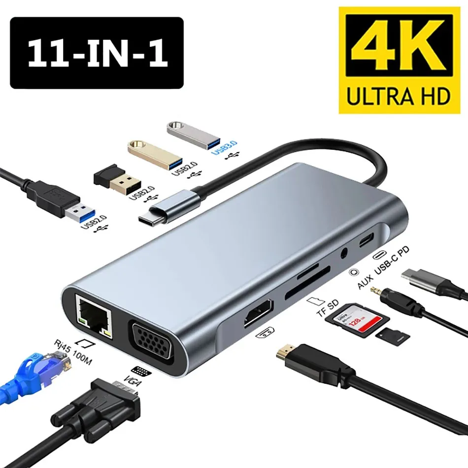 11 i 1 USB Hub Type C Splitter till USB3.0 HDTV RJ45 3,5 mm Jack Adapter VGA -kortläsare Multipla portar Dock Station för MacBook Notebook Laptop