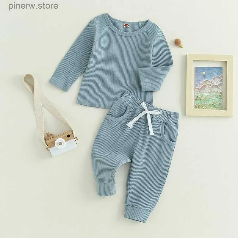 Ensembles de vêtements 2pcs enfant en bas âge bébé automne vêtements ensemble enfants filles garçons tenues à manches longues couleur unie côtelé hauts pantalons ensemble pour vêtements en bas âge