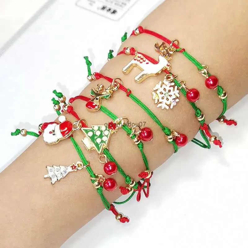 Chain Christmas Theme Braided Rope Bracelet Santa Claus Elk Xmas Tree Alloy Pendant Bracelet Women Kid Gifts Party Jewelry GiftsL24