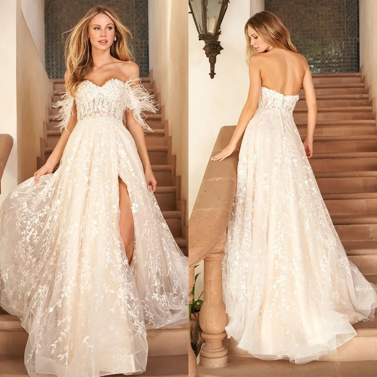 Modern Feather Lace Wedding Dresses Off Shoulder Bridal Gowns