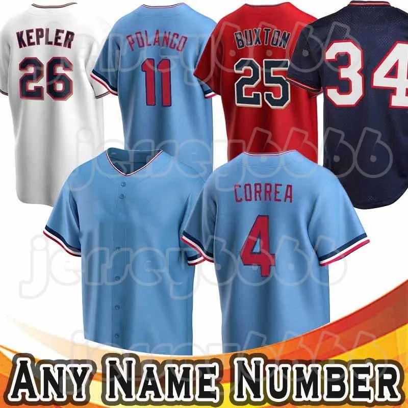 4 Carlos Correa 11 Jorge Polanco Maillot de baseball 34 Kirby Puckett 49 Pablo Lopez 3 Harmon Killebrew 29 Rod Carew 26 Max Kepler 25 Byron Buxton Nick Gordon Trevor Larnach