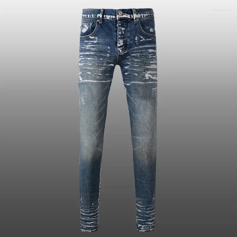 Jeans da uomo primavera High Street blu scuro vernice argento design per uomo pantaloni da moto skinny streetwear Jean Hombre