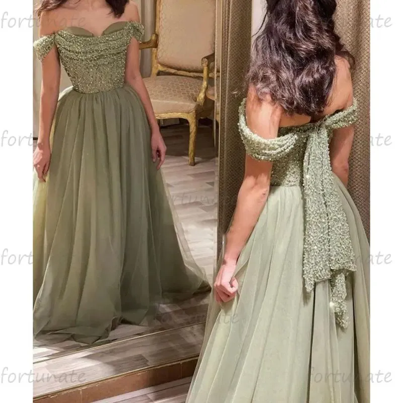 Abiti eleganti da ritorno a casa Sweetheart con spalle scoperte Tulle verde Lungo glitter Paillettes Perline Abito da ballo formale per feste di laurea 240124