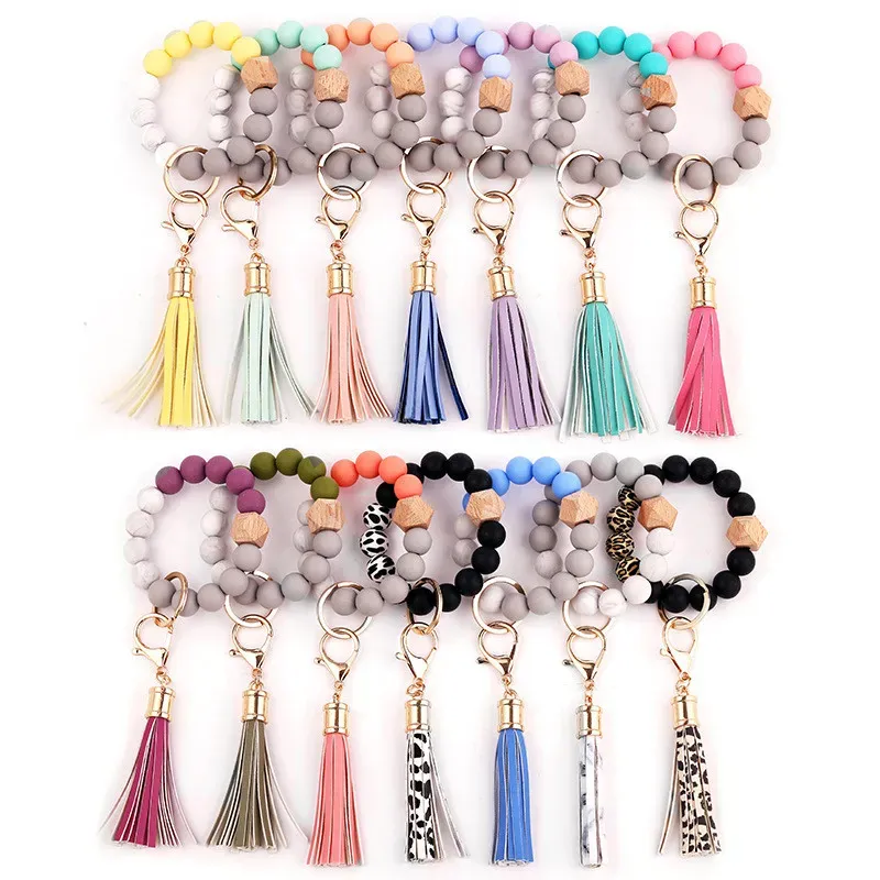 Wooden Tassel Bead String Bracelet Keychain Food Grade Silicone Beads Bracelets Women Girl Key Ring Wrist Strap Bracelet KeyChains Car Beaded Wristlet