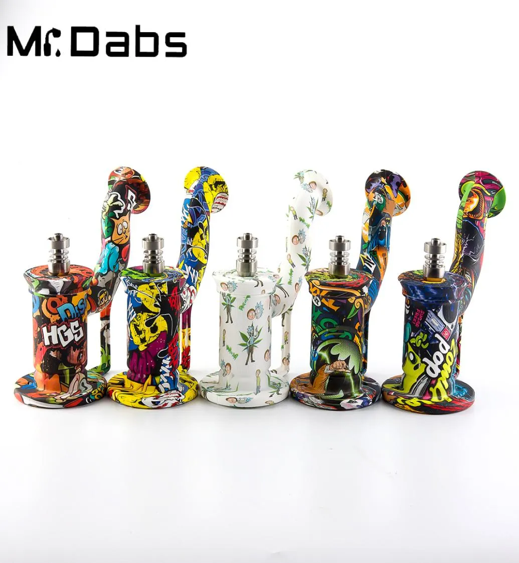 Silicone Water Pipe water printing Silicon Rig Unbreakable Dab Rig With Titanium Nail Stainless Steel Dabber Silicone Jar Containe5258900