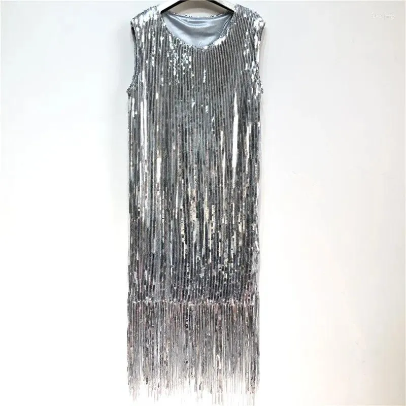 Casual Dresses Party tunga paljetter Tassels sundress koreansk design rund hals rakt lång blank silverklänning sexig kväll vestido