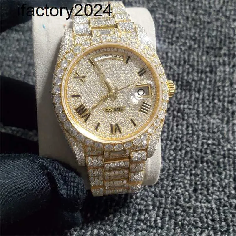 Ap Watch Diamond Moissanite Iced Out può superare il test 2023 Full Diamonds Pass Test Eta 3255 Movimento meccanico in oro giallo Orologi di lusso di alta qualità La scatola include