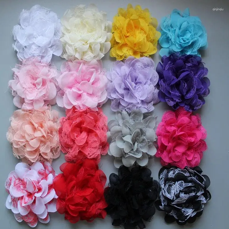 Acessórios de cabelo 45 pçs/lote atacado crianças menina 3.94 "gaze flores sem clipes para crochê bandana 18 cores escolher grátis