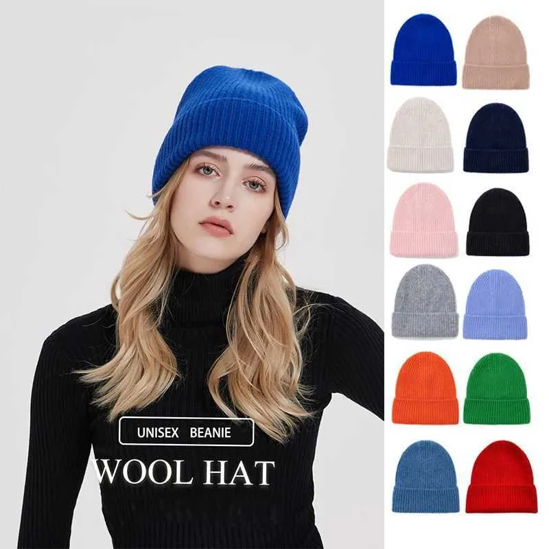 Beanie / Skull Caps Pura Lã Tricotada Beanie Unissex Inverno Grosso 100% Lã Chapéu Clássico Masculino e Feminino Cap Ski Solid Sheep-Lã Quente Crânio Headwear 240125