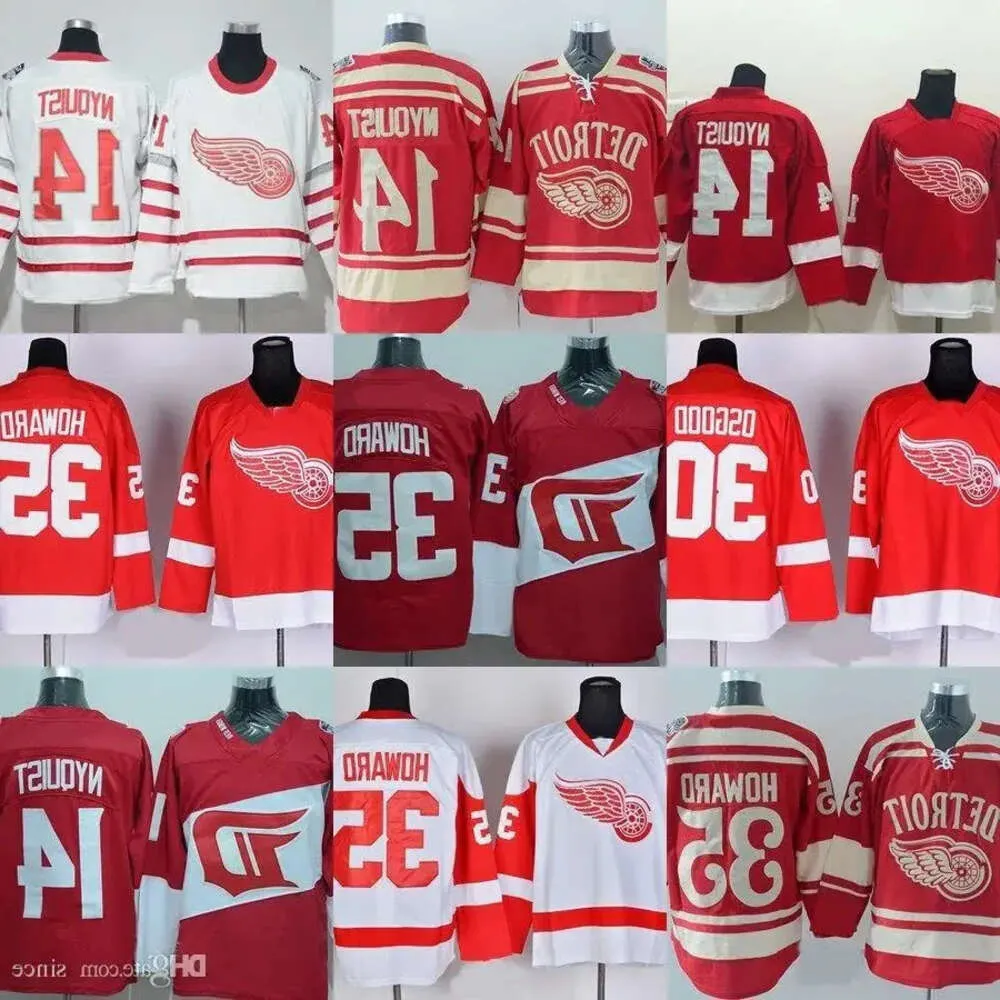 Factory Outlet Homens Detroit Red Wings # 14 Gustav Nyquist # 30 Osgood # 35 Jimmy Howard Vermelho Branco Melhor Qualidade Hóquei no Gelo Jerseys Frete Grátis 36