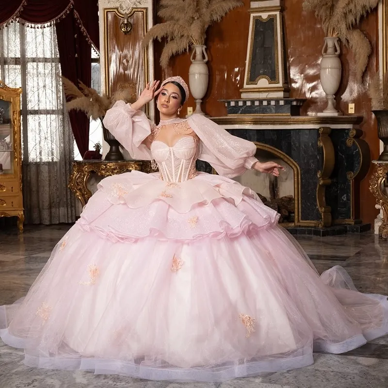 15 birthday dresses light pink Glitter Pink Off the Shoulder Quinceanera Dresses Ball Gown Prom Dress  Crystal Appliques Lace Tull Sweet 16 Vestidos 15 De XV Anos cg25059 main image 0