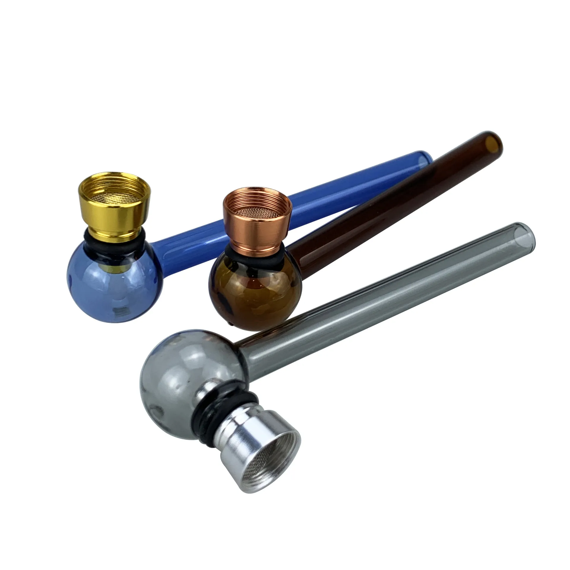 Pipe à main à double joint en gros épais et capiteux coloré 11 cm tuyau de brûleur à mazout en verre Pyrex avec bol à tabac à écran de tabagisme en métal