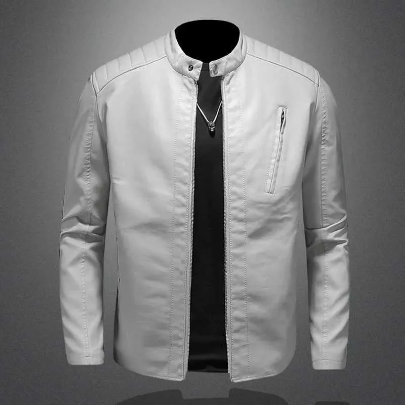 Men's Jackets Spring Autumn Men's Motorcycle Leather Jacket Stand Collar Solid White Jackets Trend Windproof Streetwear Faux Leather Outwear J240125