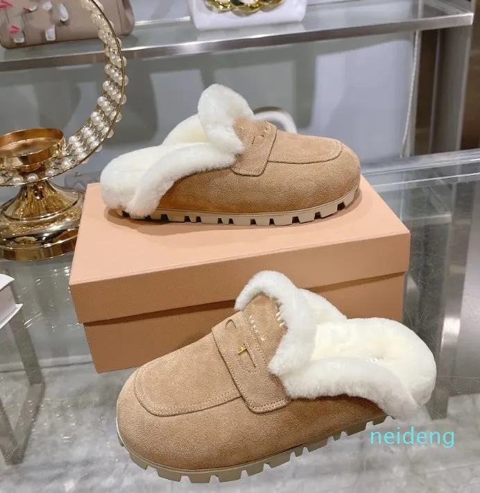 Platform Shearling Slippers Women Muller Winter Shoes Thick Bottom Suede Fur Furry Fluffy Slides Loafer Indoor Mules Sherpa Warm slide