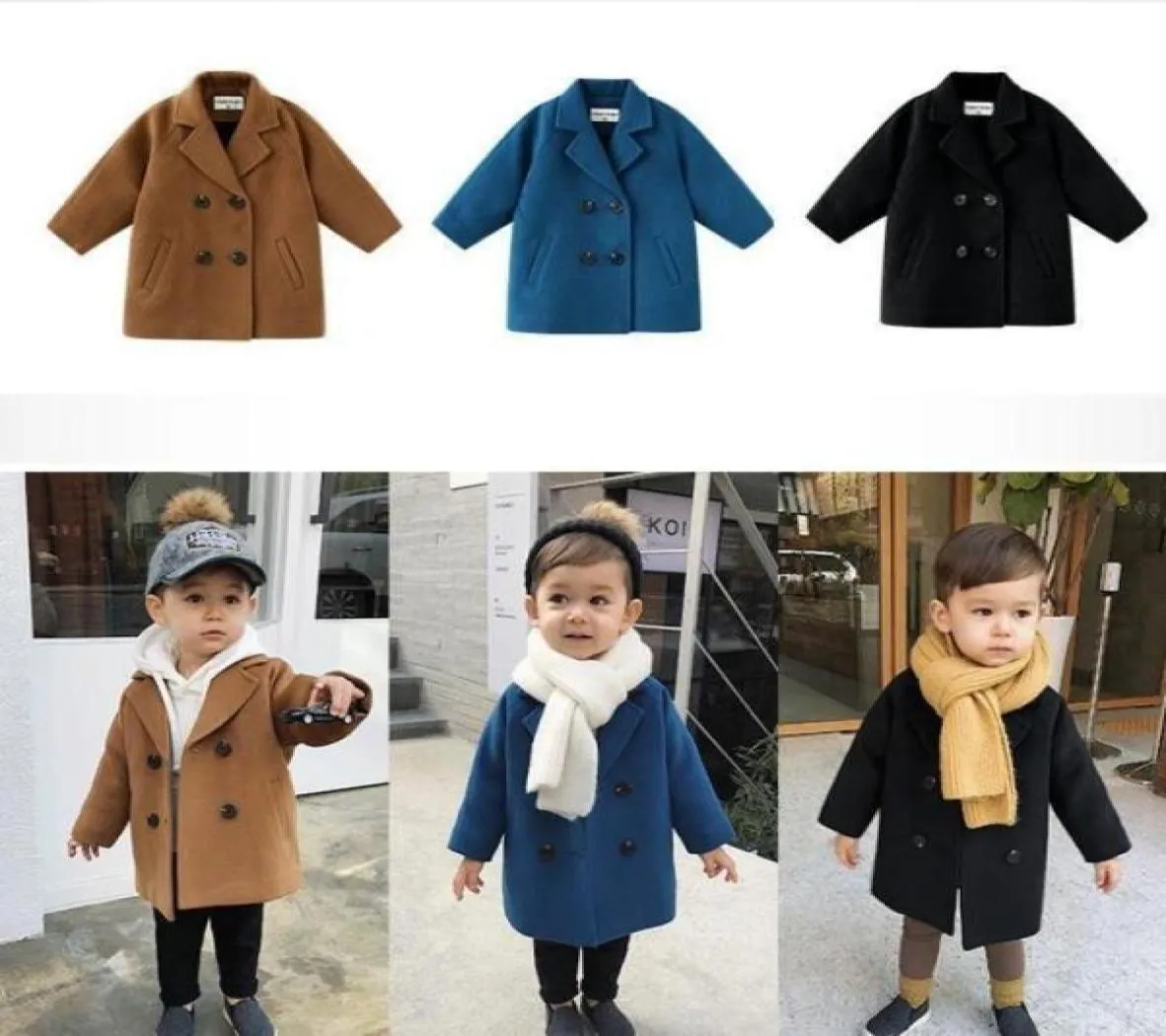 Chaquetas de rejilla de invierno para niños y niñas, gabardina de lana con doble botonadura para bebés, abrigos con solapa para niños, abrigos de lana Coat2073215