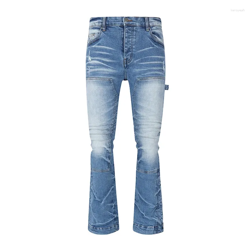 Jeans da uomo Arrivo 1041 Pantaloni svasati blu moda con tasca per uomo Bottoni Gambe Polsini Slim Denim