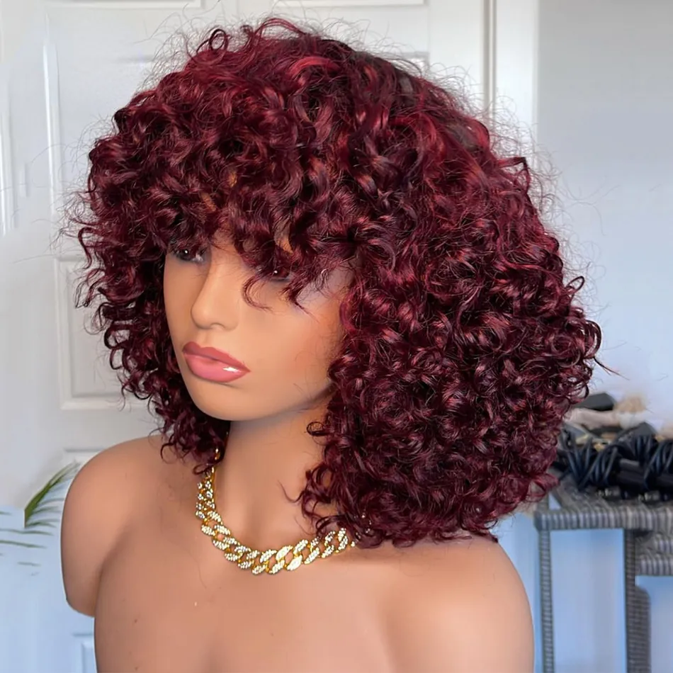 Parrucche per capelli umani ricci Jerry con frangia Nessuna parrucche frontali in pizzo pieno Parrucche colorate rosso bordeaux / nero / biondo per le donne Parrucca corta Bob