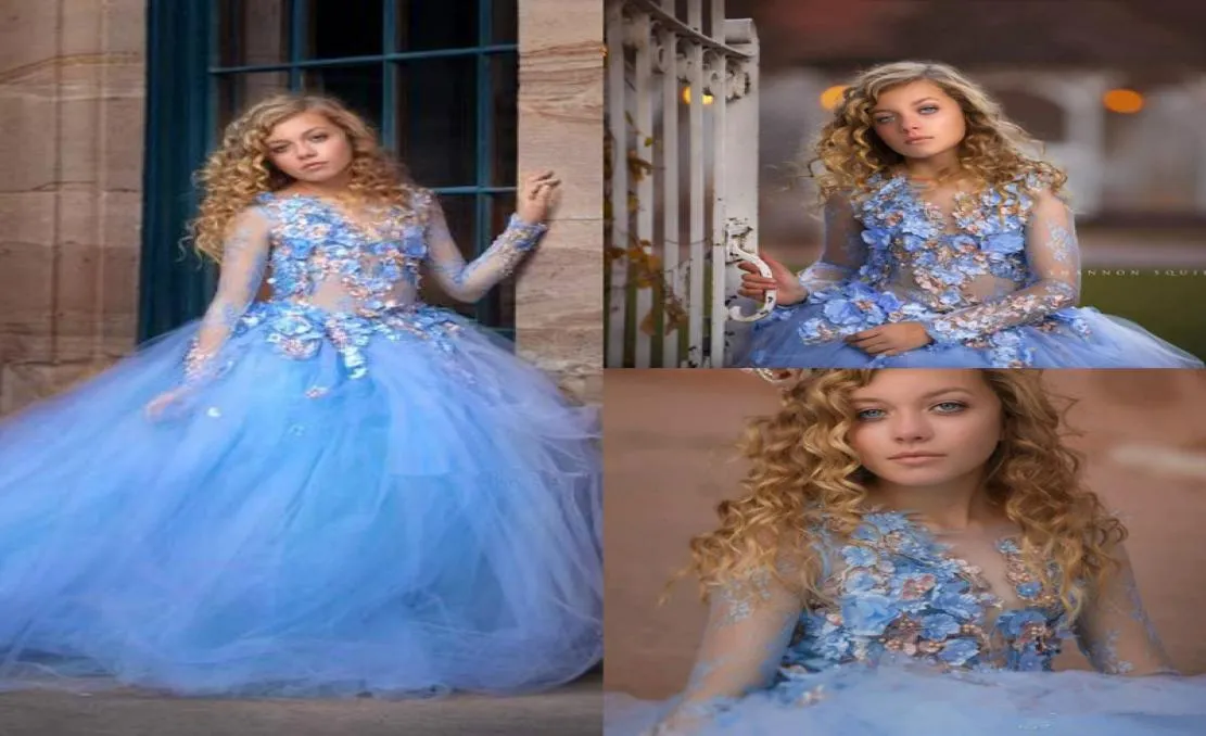 Blaue Prinzessin Blumen Mädchen Kleider für Hochzeit Langarm Applikationen Perlen Ballkleid Kinder Festzug Kleider Erstkommunion Dres4585533