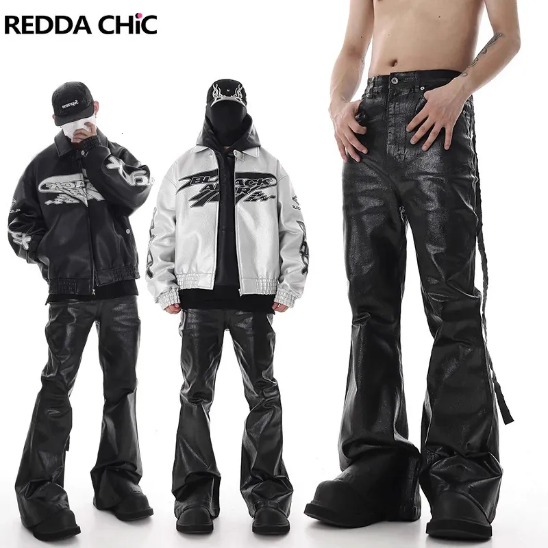 REDDACHIC Schwarze, mit Wachs beschichtete Schlagjeans für Herren, dehnbar, tailliert, matt strukturiert, Bootcut-Hose, fließender Gürtel, Vintage-Y2k-Hip-Hop-Hose 240119