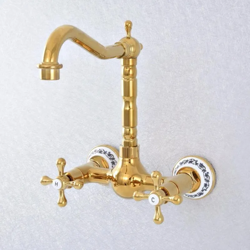 Bathroom Sink Faucets Wall Mount Kitchen Gold Color Brass Swivel Faucet Basin Tap Dual Handle Tsf620