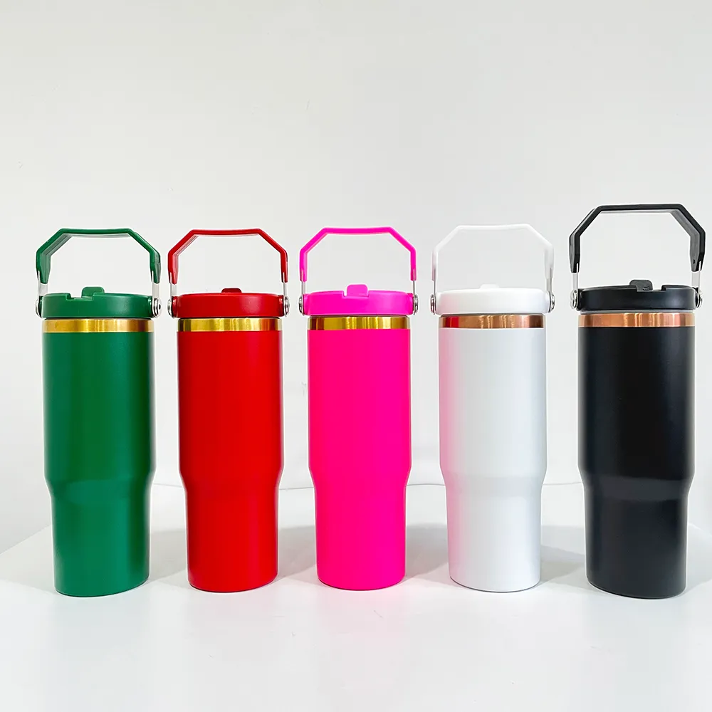 Botella de paja para deportes al aire libre para niños, vaso de paja con tapa abatible con aislamiento al vacío de acero inoxidable de 30 oz con recubrimiento en polvo chapado en cobre dorado para grabado láser