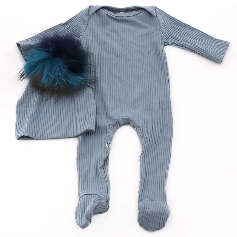 Casual né bébé filles garçons rayé coton barboteuse Onesie avec vraie fourrure pompon chapeau ensembles enfants vêtements printemps Ropa Para Bebes 240119