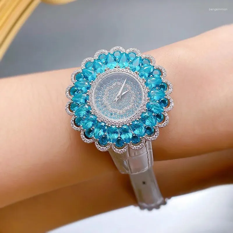 Orologi da polso ZOCA Orologio in argento sterling 925 Braccialetti con pietre preziose Paraiba Turmaline di alta qualità Bling di lusso per le donne Orologio