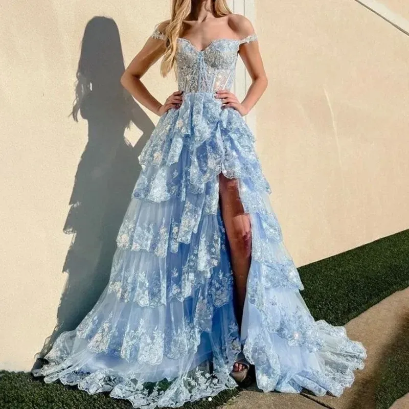 Light Blue Tiered Long Prom Dress with Slit Sweetheart Sleeveless Lace Appliques Tulle Evening Formal Gala Gowns Birthday Wear Robe De Soiree