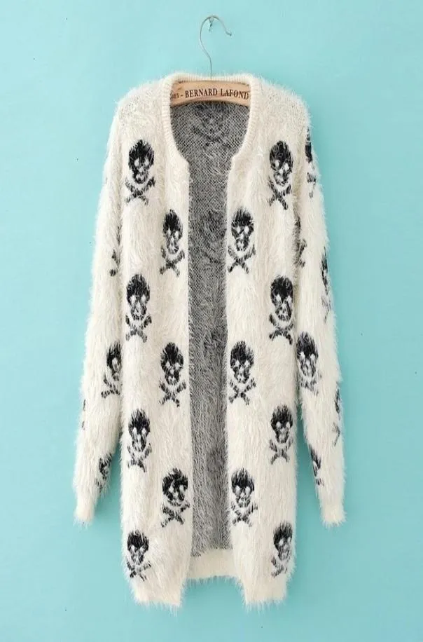 Fashioncardigans tröja Skullmönster kvinnlig mohair stickade cardigans svart cardigan vit hösttröja för kvinnor8356541