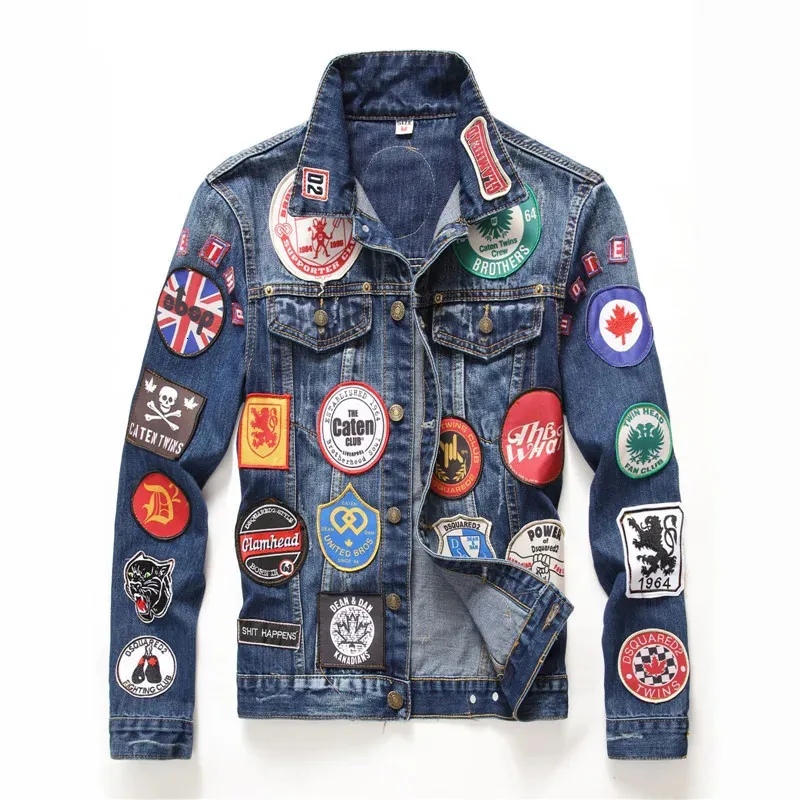 Mannen denim jasje vintage badge patches jas lange mouwen slim fit patchwork tops ontwerper geschilderd hip hop streetwear punk jeans 240119