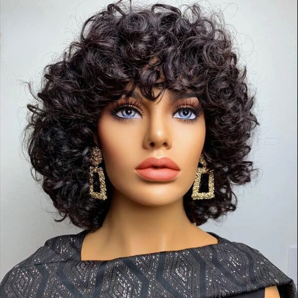 Mogolian Afro Rose Curly Funmi Wigh with Bang Short Bouncy Curly Bob Wig with Bang Rose Curly No Full 레이스 시뮬레이션 흑인 여성을위한 Human Hair Wig