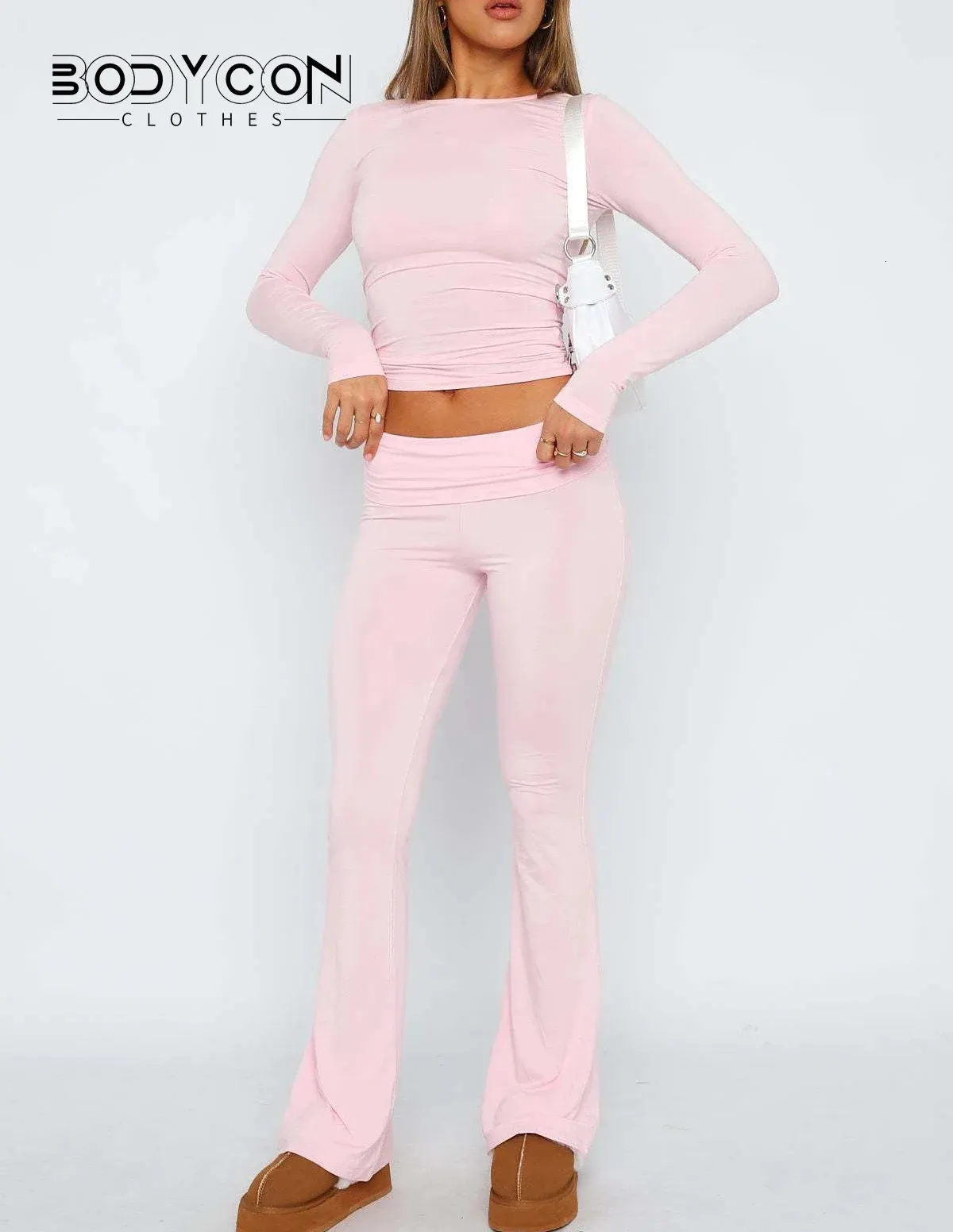 Women s Fall Casual 2 Piece Outfits Long Sleeve Crew Neck Crop Tops And Low Waist Flare Long Pants Lounge Sets Tracksuits 240124