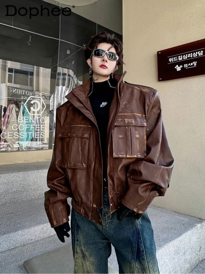 Мужские куртки, модное весеннее пальто из искусственной кожи в стиле ретро, трехмерное пальто с большим карманом, мотоциклетное с длинным рукавом